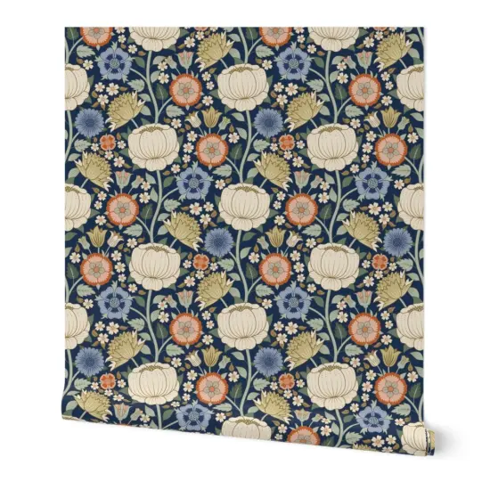 Peel & Stick Wallpaper 2FT Wide Arts And Crafts Antique Graphic Hand Drawn Flowers Victorian Renaissance Baroque Blue Beige Custom Removable Wallpaper by Spoonflower {7}