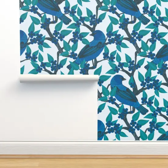 Peel & Stick Wallpaper 2FT Wide Birds Woods Tree Branches Nature Large Scale Songbird Custom Removable Wallpaper by Spoonflower {2}