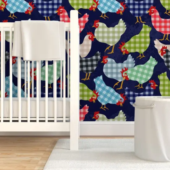 Pre-Pasted Wallpaper 2FT Wide Dark Blue Whimsical Animals Barnyard Multicolor Custom Pre-pasted Wallpaper by Spoonflower {7}