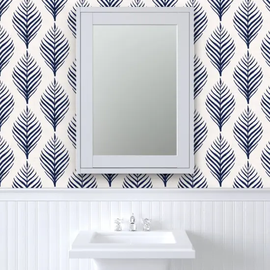 Peel & Stick Wallpaper 2FT Wide Navy Blue Floral Botanical Palm Tropical Island Dark Coastal Southern Leaf Silhouette Large Scale Custom Removable Wallpaper by Spoonflower {6}