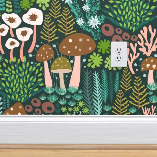 Peel & Stick Wallpaper 2FT Wide Green Mossy Mushrooms Woodland Botanical Lichen Nature Whimsical Teal Custom Removable Wallpaper by Spoonflower {4}
