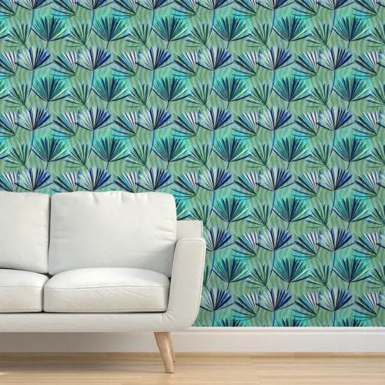 Peel & Stick Wallpaper 2FT Wide Jungle Palm Tropical Foliage Rainforest Summer Electric Blue Green Large Scale Custom Removable Wallpaper by Spoonflower {5}