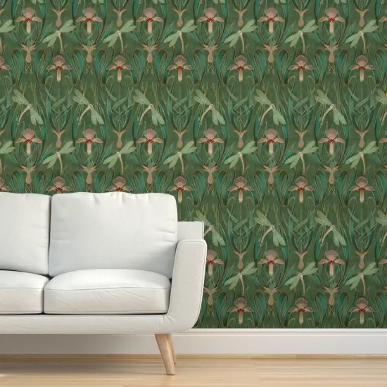 Pre-Pasted Wallpaper 2FT Wide Art Nouveau Deco Emerald Green Nature Floral Lillies 1920S Custom Pre-pasted Wallpaper by Spoonflower {5}