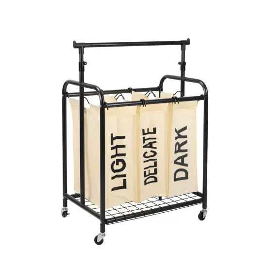 Oceanstar 3-Bag Rolling Laundry Sorter with Adjustable Hanging Bar, White {3}