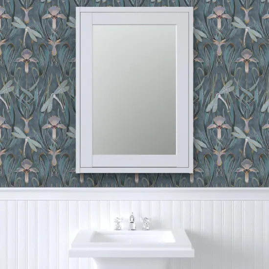 Peel & Stick Wallpaper 2FT Wide Art Nouveau Deco Gray Blue Nature Floral Lillies 1920S Custom Removable Wallpaper by Spoonflower {6}