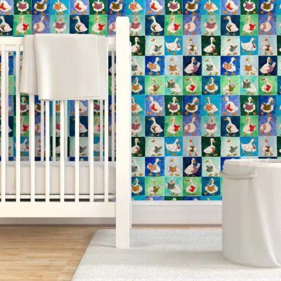 Pre-Pasted Wallpaper 2FT Wide Blue Birds Animals Whimsical Books Ducks Watercolor Book Covers Reading Group Duck Readers Library Lover Large Scale Custom Pre-pasted Wallpaper by Spoonflower {7}
