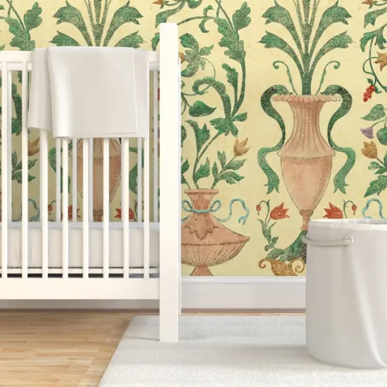 Pre-Pasted Wallpaper 2FT Wide Yellow Floral Wallpaper Home Decor Large Scale Italian Renaissance Terra Cotta Italy Villa Frescoes Vase Custom Pre-pasted Wallpaper by Spoonflower {7}