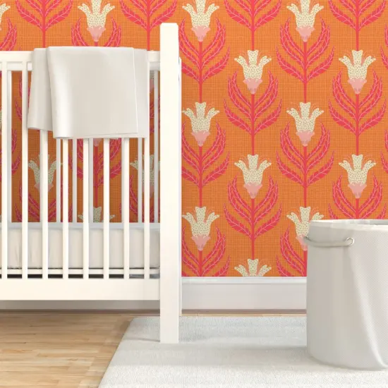 Pre-Pasted Wallpaper 2FT Wide Floral Damask Bright Vintage Cream Retro Orange Funky Simple Custom Pre-pasted Wallpaper by Spoonflower {7}