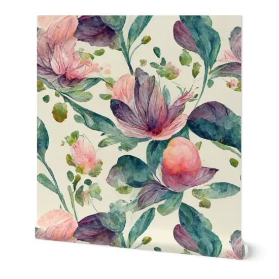 Peel & Stick Wallpaper 2FT Wide Boho Watercolor Floral Botanical Leaves Large Scale Rose Romantic Flowers Custom Removable Wallpaper by Spoonflower {7}