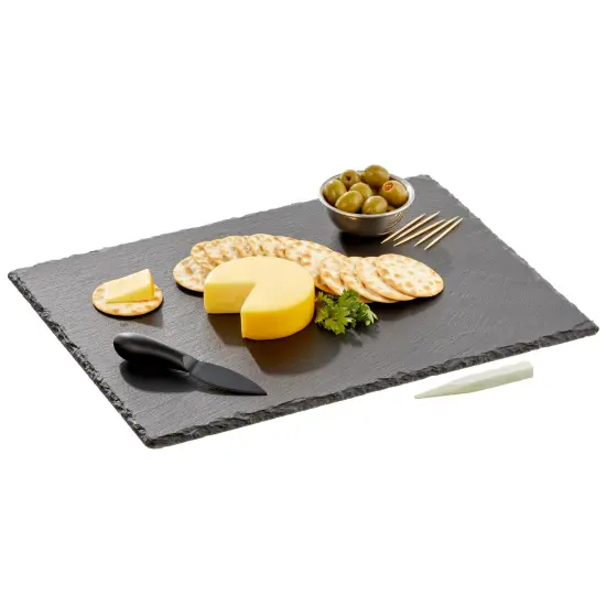mDesign Slate Stone Serving Charcuterie Tray and Chalk Pencil, Food Board {1}