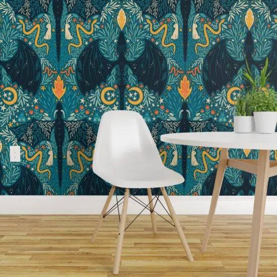 Peel & Stick Wallpaper 2FT Wide Folk Dragons Fairy Tale Botanical Kids Room Magical Jackalopes Maximalist Custom Removable Wallpaper by Spoonflower {1}