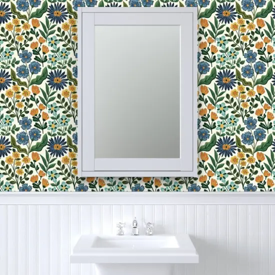 Peel & Stick Wallpaper 2FT Wide Wildflower Graceful Flowers Blossoms Petals Blue Green Orange Marigold Daisy Custom Removable Wallpaper by Spoonflower {6}