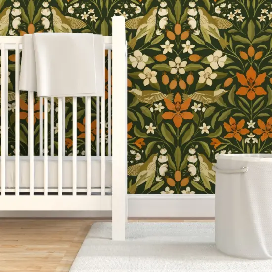Pre-Pasted Wallpaper 2FT Wide Jumbo Floral Green Leaves Orange Lily Flowers Birds Custom Pre-pasted Wallpaper by Spoonflower {7}