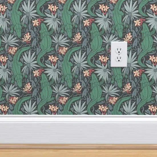 Pre-Pasted Wallpaper 2FT Wide Green Colorful Crocodile Alligator Reptile Southern Diagonal Stripe Jungle Tropical Medium Scale Custom Pre-pasted Wallpaper by Spoonflower {4}