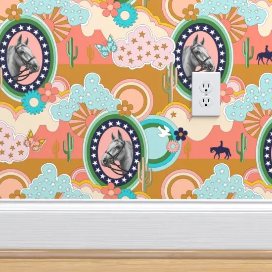 Pre-Pasted Wallpaper 2FT Wide Horse Cactus Butterfly Bird Flower 70S Pop Art Clouds Western Cowboy Cowgirl Custom Pre-pasted Wallpaper by Spoonflower {4}