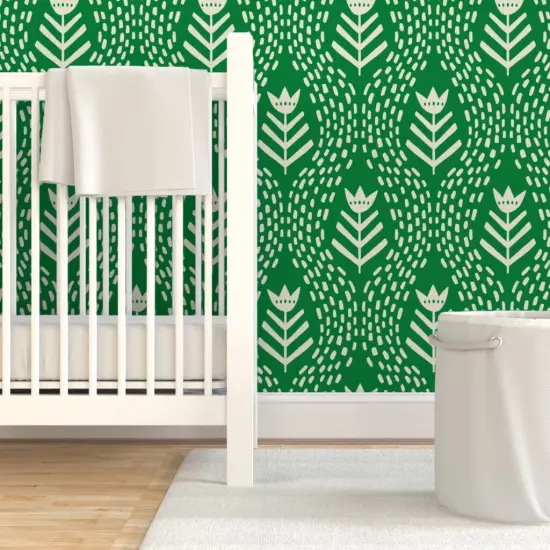 Pre-Pasted Wallpaper 2FT Wide Simple Floral Rustic Botanical Hand Drawn Green And Cream Tulip Custom Pre-pasted Wallpaper by Spoonflower {7}