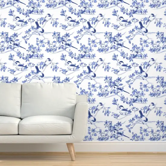 Pre-Pasted Wallpaper 2FT Wide Bird Flowers Botanical Blossom Cobalt Chinoiserie Custom Pre-pasted Wallpaper by Spoonflower {5}