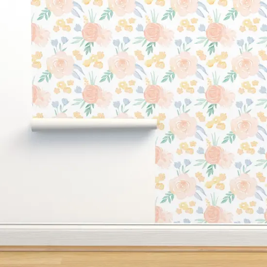 Peel & Stick Wallpaper 2FT Wide Watercolor Floral Pink Yellow Roses Flowers Medium Scale Custom Removable Wallpaper by Spoonflower {2}