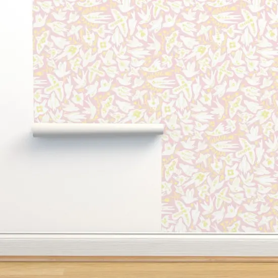 Peel & Stick Wallpaper 2FT Wide Whimsical Doves Pastel Pink Yellow Birds Floral Custom Removable Wallpaper by Spoonflower {2}