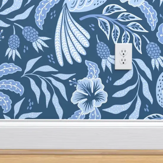 Pre-Pasted Wallpaper 2FT Wide Hibiscus Garden Tropical Toucan Pineapple Denim Blue Custom Pre-pasted Wallpaper by Spoonflower {4}