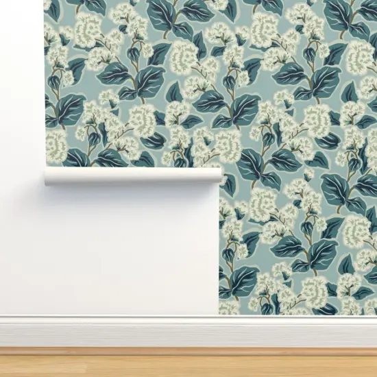 Peel & Stick Wallpaper 2FT Wide Farmhouse Floral Blue Botanical Traditional Transitional Cottage Custom Removable Wallpaper by Spoonflower {2}
