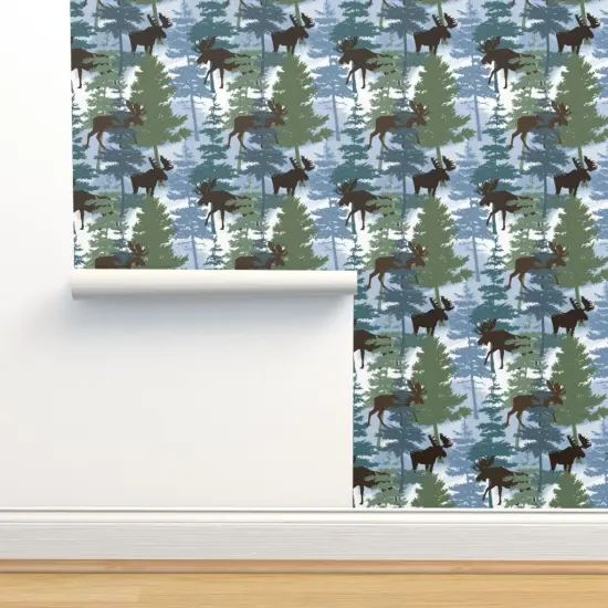 Pre-Pasted Wallpaper 2FT Wide Blue Woods Outdoor Green Trees Moose Wildlife. Pines Forest Winter Custom Pre-pasted Wallpaper by Spoonflower {2}
