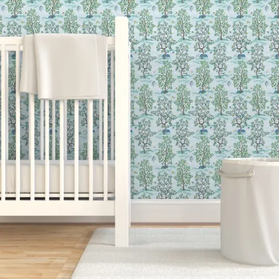 Pre-Pasted Wallpaper 2FT Wide Blue Floral Citrus Tree Botanical Toile Kitsch Fruit Grove Woodland Farm Lemon Orange Lime Small Scale Custom Pre-pasted Wallpaper by Spoonflower {7}