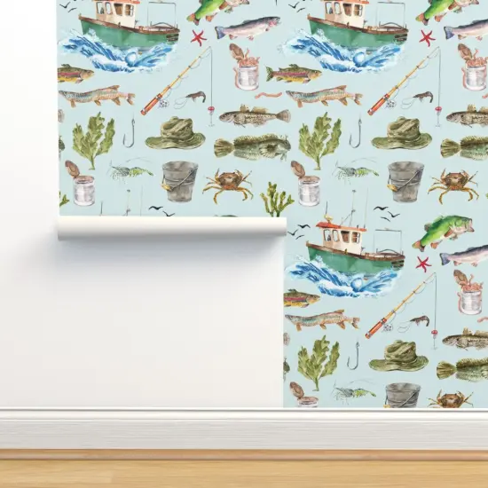 Peel & Stick Wallpaper 2FT Wide Watercolor Adventure Fish Boat Nautical Light Blue Custom Removable Wallpaper by Spoonflower {2}