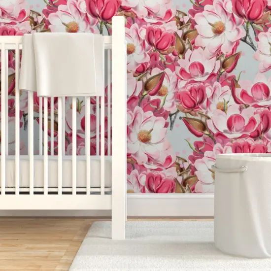 Pre-Pasted Wallpaper 2FT Wide Garden Floral Magnolia Botanical Large Scale Flowers Summer Spring Preppy Custom Pre-pasted Wallpaper by Spoonflower {7}