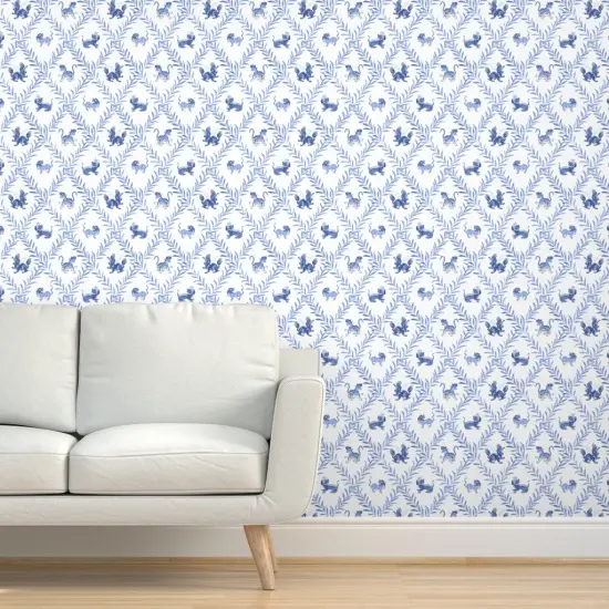 Pre-Pasted Wallpaper 2FT Wide Chinoiserie Blue And White Lattice Trellis Botanical Vines Diamond Custom Pre-pasted Wallpaper by Spoonflower {5}