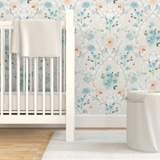 Pre-Pasted Wallpaper 2FT Wide Romantic Floral Blue Gray Pink Watercolor Flowers Custom Pre-pasted Wallpaper by Spoonflower {7}