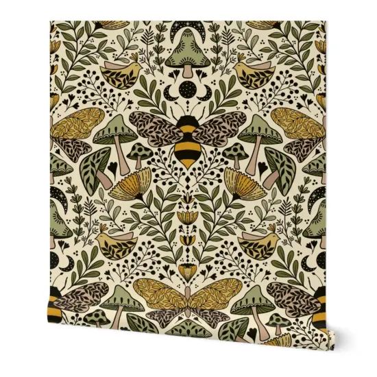 Peel & Stick Wallpaper 2FT Wide Nouveau Nature Green Yellow Butterfly Forest Plants Moth Bohemian Bee Botanical Wildlife Ecological Wild Grass Mustard Beige Custom Removable Wallpaper by Spoonflower {7}