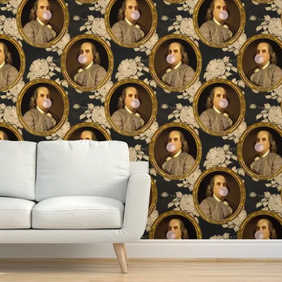 Pre-Pasted Wallpaper 2FT Wide Benjamin Franklin Portrait Historical Botanical Gum Custom Pre-pasted Wallpaper by Spoonflower {5}