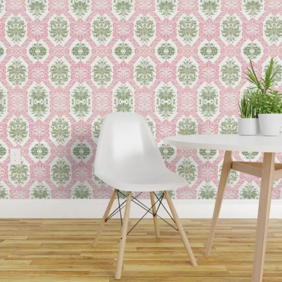 Peel & Stick Wallpaper 2FT Wide Indian Block Print Bombay Pink And Green Colonial Custom Removable Wallpaper by Spoonflower {1}
