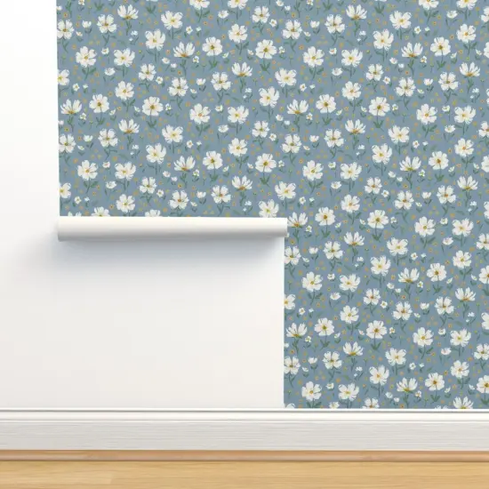 Pre-Pasted Wallpaper 2FT Wide Blue Botanical Hand Painted White Flower Summer Floral Gold Flowers Spring Boho Light Gray Florals Whimsical Medium Scale Custom Pre-pasted Wallpaper by Spoonflower {2}