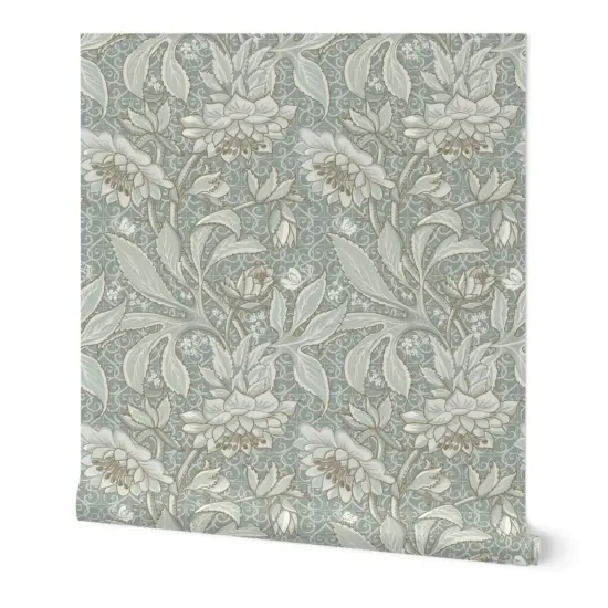 Peel & Stick Wallpaper 2FT Wide Pale Green Antique Victorian Sage Hellebore Arts And Crafts Floral Neutral Art Nouveau Large Scale Damask Botanical Custom Removable Wallpaper by Spoonflower {7}