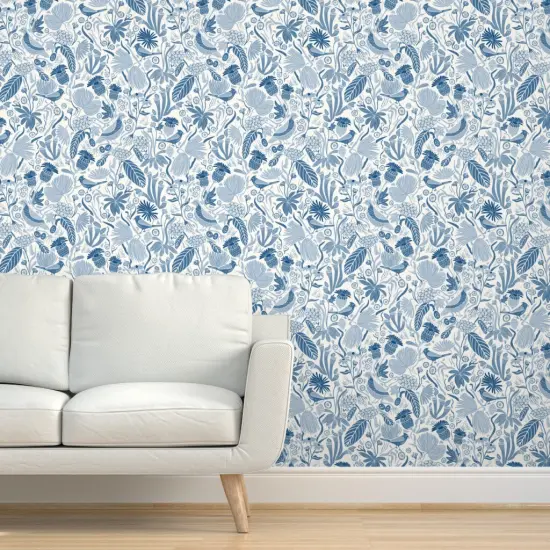Peel & Stick Wallpaper 2FT Wide Blue Nature Birds Plant Cardinal Botanical Meadow Chintz Quail Southern Medium Scale Custom Removable Wallpaper by Spoonflower {5}