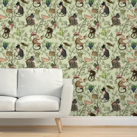 Peel & Stick Wallpaper 2FT Wide Green Chinoiserie Victorian Animals Rococo Garden Party Leaves Monkeys Historic Toile Botanical Whimsical Large Scale Custom Removable Wallpaper by Spoonflower {5}