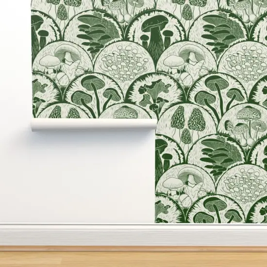 Peel & Stick Wallpaper 2FT Wide Green Mushrooms Scallop Woodland Block Print Forest Botanical Cottagecore Garden Custom Removable Wallpaper by Spoonflower {2}
