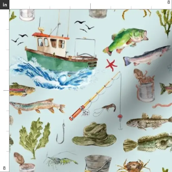 Various Fabrics by the Yard or Fat Quarter Watercolor Adventure Fish Boat Nautical Light Blue Custom Printed Fabric by Spoonflower {4}