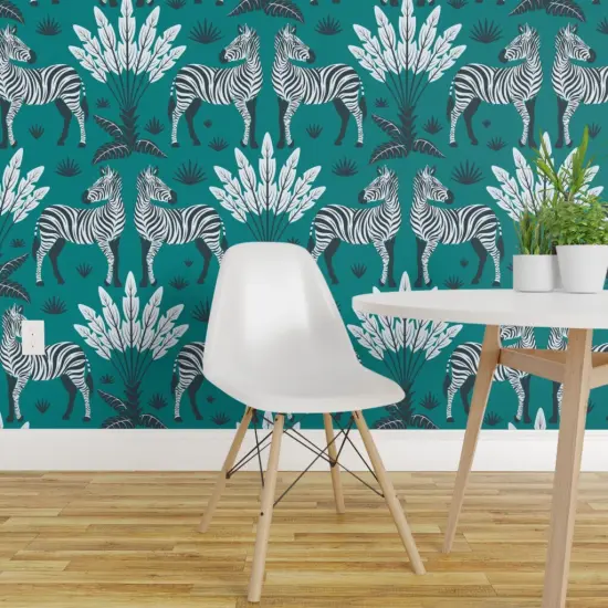 Pre-Pasted Wallpaper 2FT Wide Teal Nature Animal Zebra Africa Wildlife Savanna Large Scale Safari Feathers Damask Grassland Custom Pre-pasted Wallpaper by Spoonflower {1}