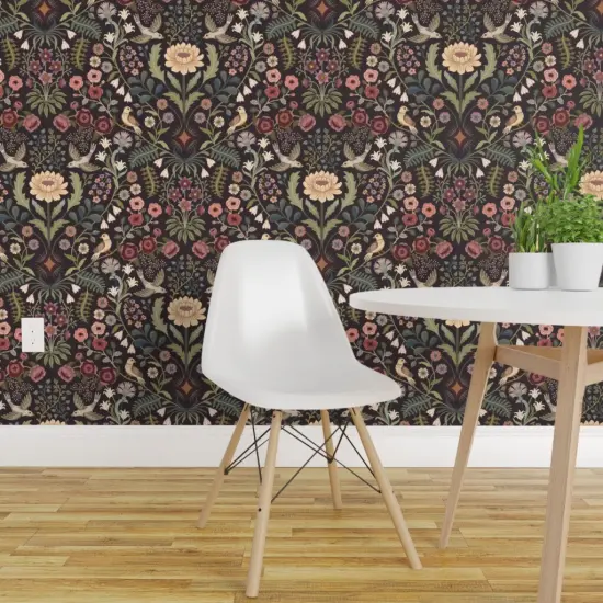 Pre-Pasted Wallpaper 2FT Wide Traditional Floral Folk Art Birds Victorian Green Pinks Burgundy Extra Large Custom Pre-pasted Wallpaper by Spoonflower {1}