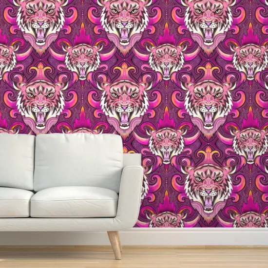 Peel & Stick Wallpaper 2FT Wide Pink Tigers Purple Orange Maximalist Xl Jungle Custom Removable Wallpaper by Spoonflower {5}