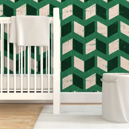 Pre-Pasted Wallpaper 2FT Wide Vintage Cream Green Retro Dark Ikat Pattern Faux Modern Mid-Century Funky Geometric Large Scale Custom Pre-pasted Wallpaper by Spoonflower {7}