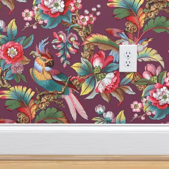 Peel & Stick Wallpaper 2FT Wide Purple Antique Birds Palm Jungle Tropical Magenta Burgundy Wine Mauve Botanical Parrot Victorian Edwardian Art Nouveau Large Scale Custom Removable Wallpaper by Spoonflower {4}