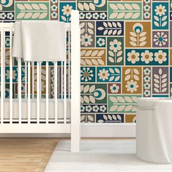 Pre-Pasted Wallpaper 2FT Wide Folk Floral Scandi Botanical Geometric Multicolor Daisy Scandinavian Blue Yellow Custom Pre-pasted Wallpaper by Spoonflower {7}