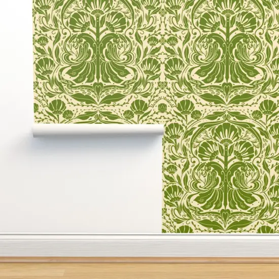 Peel & Stick Wallpaper 2FT Wide Green Yellow Nature Birds Victorian Summer Damask Olive Baroque Chinoiserie Rococo Art Nouveau Large Scale Custom Removable Wallpaper by Spoonflower {2}