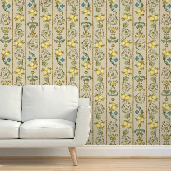 Pre-Pasted Wallpaper 2FT Wide Yellow Teal Floral Gold Large Scale Hand Drawn Lemons Italian Florentine Botanical Fruit Directional Custom Pre-pasted Wallpaper by Spoonflower {5}