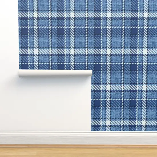 Pre-Pasted Wallpaper 2FT Wide Monochrome Plaid Blue Farmhouse Custom Pre-pasted Wallpaper by Spoonflower {2}
