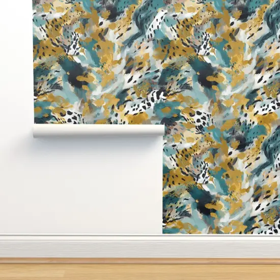 Peel & Stick Wallpaper 2FT Wide Animal Print Watercolor Jungle Nature Teal Gold Custom Removable Wallpaper by Spoonflower {2}